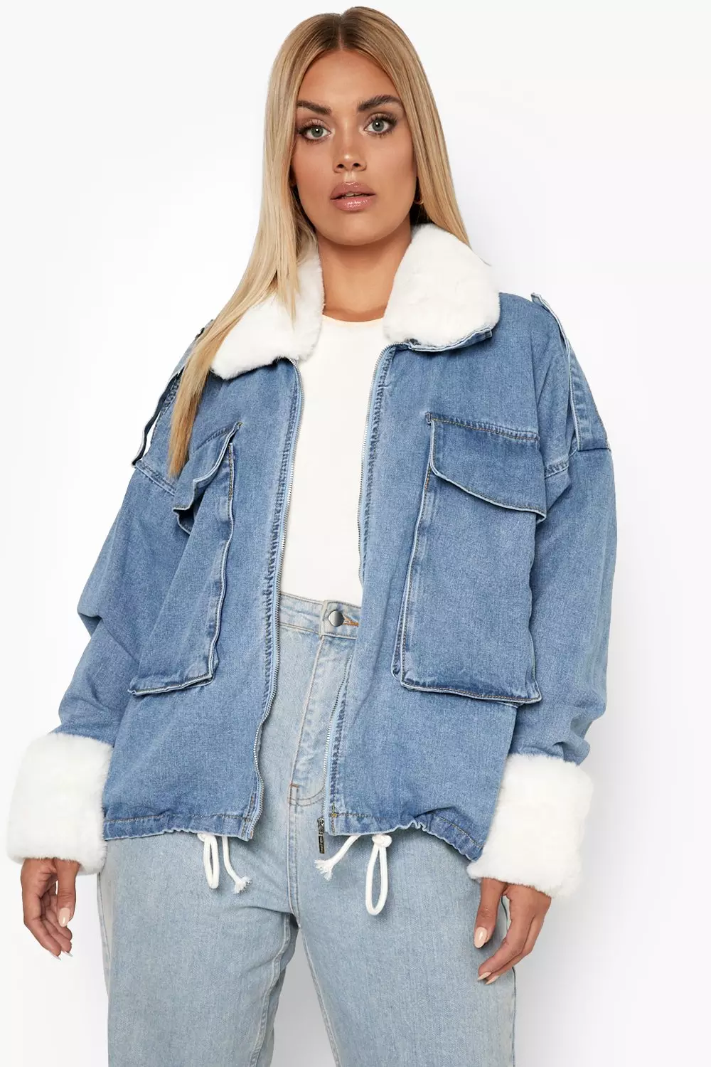 Fur trim denim on sale jacket